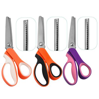 China Universal Soft Touch Cut Stocked Handle Serrated Blade Fabric Scissors Leather Lace Sewing Scissors for Tailor for sale