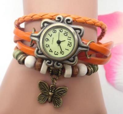 China Wholesale Handmade Leather Braided Bead Wrap Leather Bracelet Butterfly Charm Non-Specific Wood Watch for sale