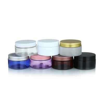 China 50ml 100ml 150ml 200ml 250ml Cosmetic Empty Body Scrub Cosmetic Packaging Wide Mouth Frosted Clear Amber PET Plastic Jar With Gold Lid for sale