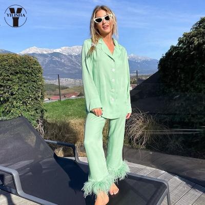 China Yilisha QUICK DRY 2022 Spring Fashion Green Feather Long Sleeve Two Piece Pants Set Casual Ladies Homewear Pajama Sets for sale