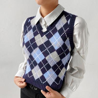 China Hot Sale Argyle Pattern Knitwear V-Neck Sweater Vest Fashion Manufacturer Anti-wrinkle Women Clothing Manufacturer for sale