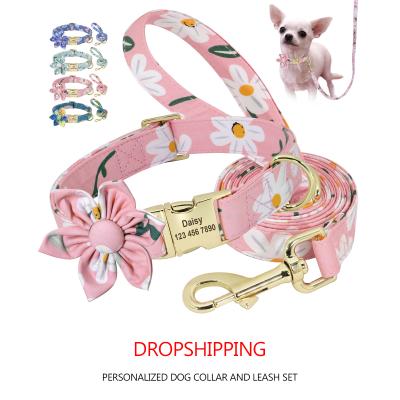 China Dropshipping Custom Personalized Luxury Floral Tweed Dog Collar and Leash Set with Metal Buckle for sale