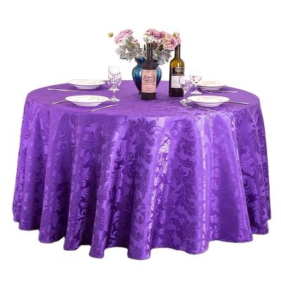 China Waterproof 132 Inch Purple Wedding Party Banquet Damask Round Big Table Cloth Plastic Champagne Table Covers for sale