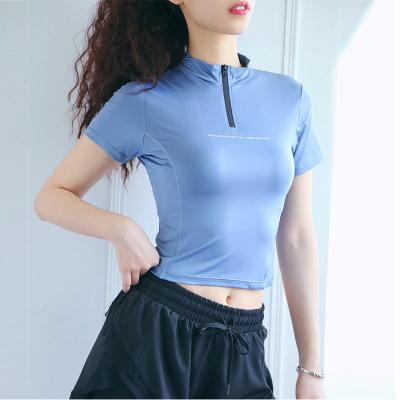 China Breathable custom logo fitness quick-drying clothes slim top summer training running short sleeve sports t-shirt women's half-zip lightly for sale