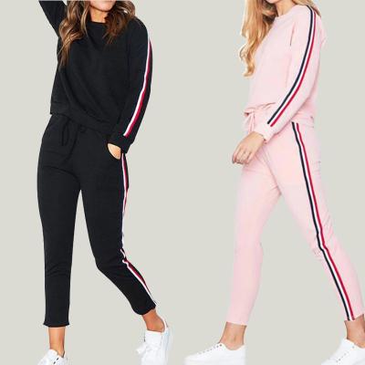 China Customized Breathable Women's Simple 2pcs Tracksuits Set Logo Women's Sports Suit Striped Sports Loungewear Active Sweat Suit for sale