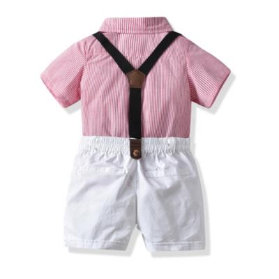 China Formal Pink Stripe Printed Short Sleeve Shirt Blouse Shorts Outfits Kids Boy Casual Dress Sets for sale