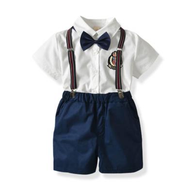 China Kids Clothes Formal Shirt Shorts Bow Tie 4 Piece Baby Boy Dress Clothing Suspender Pants Sets for sale