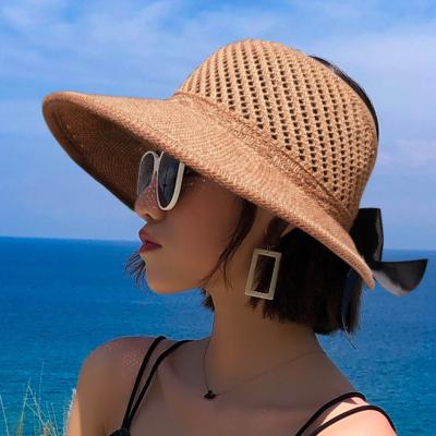 China Feminine Classic Foldable Straw Hat Outdoor Beach Dobby Hats Big Brim Bowknot Summer Sun UV Protected Hat For Women for sale