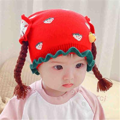 China Newborn Baby Girls Winter COMMON Hat 1-12 Months Baby Infants Woolens Braid Hair Wig Cap Children Earflap Hat for sale