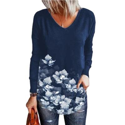 China 2021 Autumn Winter New Women Anti-wrinkle Ladies Flower Printing Loose V-neck Long Sleeve T-shirt Tops Clothes for sale