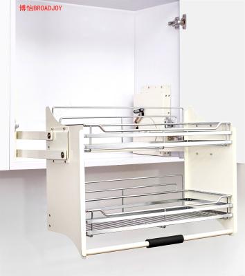 China Adjustable Adjustment Load-Rating Hidden In Buffet Baskets Lower Shelf Lift Up System Lift Shelving Basket for sale