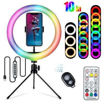 China Newcomer Adjustable Color Tempurate Dimmable 10 Inch Photography Lighting 26 Color Led RGB Ring Light With Phone Tripod Stand for sale