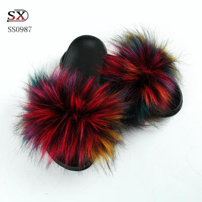 China Slipper Customize Shoes Rainbow Fur Sandals House Slips Bedroom Raccoon Fur Slippers Imitation Sellers For Fur Slides for sale