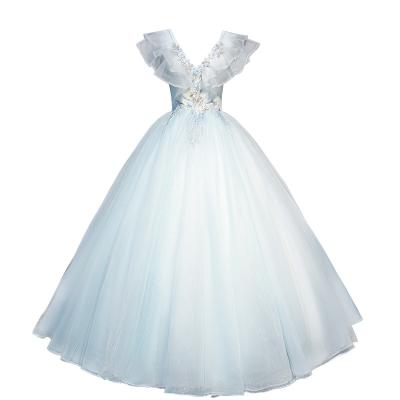 China Anti-Static Fashion Lace Flower Beaded Blue Tulle Dresses PRTY A-Line Dress for sale