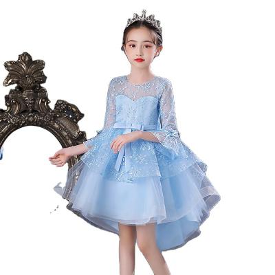 China Anti-Static Long Sleeve Flower Embroidered Formal Princess Lace Dress Girls Pageant Ball Gown for sale