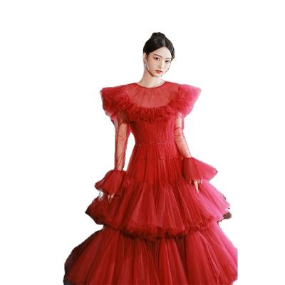 China Sexy Split Wine Red Prom Dresses Girls Formal Dress Long Ruffles Fashionable Sleeveless Tulle Skirt Anti-Static for sale