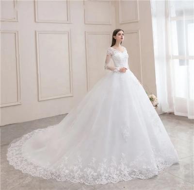 China 2023 New Full Sleeve Anti-static Luxury V-Neck Bride Bride Dress With Train Ball Gown Princess Classic Wedding Gowns for sale