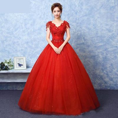 China Breathable 2023 Wedding Dresses Red V Neck Ball Gown Vintage Wedding Dresses Lace Up Embroidery Vestido De Noiva for sale