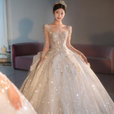 China Breathable 2023 Long Sleeve Beading Sexy Wedding Dress See Through Square Collar Sweep Train Luxury Winter Bridal Gowns Vestido De Noiva for sale