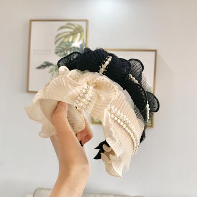 China H2177 New Korean style fashionable lace pearl summer black version wood headband tied large beige bow tie headbands for sale