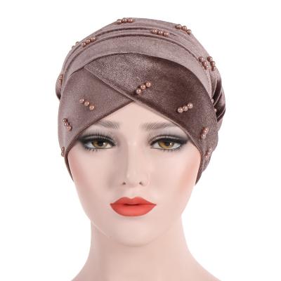 China Fashionable European American Korean Korean Turban Hat Muslim Islamic Stretch Chemo Coffee Bandanas Velvet Tank Top H2253 for sale