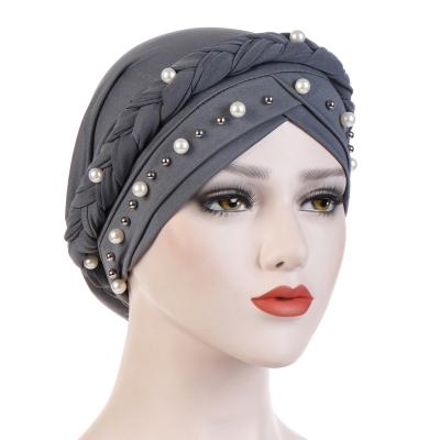 China H2265 Trendy Head Wrap Cancer Chemo Hat Women Turban Pearls Braid Knot Muslim Turbans Covering Gray Hijab Bandanas for sale