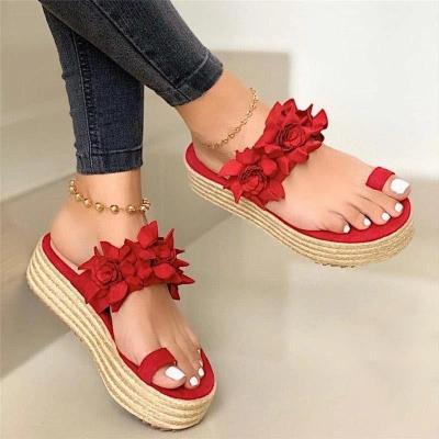 China H303 2020New Arrival Flower Bohemian Platform Bottom Hemp Sponge Cake Woman Massage Summer Elegant Girls Fashion Bare Beach Red Slippers for sale