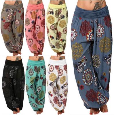 China Plus H702 Plus Size XXXXXL Bohemia Women Vintage Rose Print Leg White Harem Pants Smocked High Waist Casual Green Wide Leg Pants QUICK DRY for sale