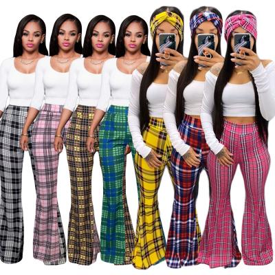 China H806 Europe Women Clothing Red QUICK DRY Autumn Mid Waist Full Length Casual Clothing Plaid Check Long Black Bell Flared Trousers Pants for sale