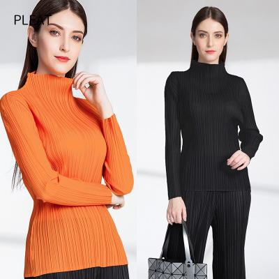 China Anti-wrinkle Issey Miyake Pleated Slim Long Sleeve All-match Superior Pure Color Women's Casual T-shirt for sale