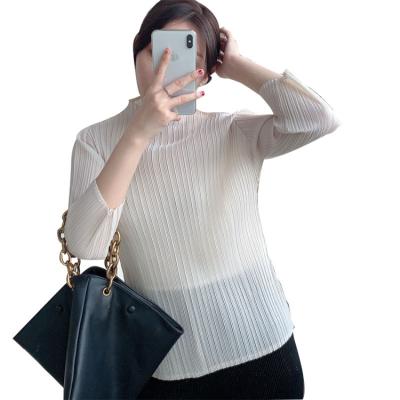 China 2021 New Anti-Wrinkle High Collar Pleated Plain Casual Long Sleeve T-shirt Women for sale