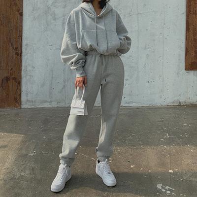 China 2021 Anti-Wrinkle Jogger Tracksuits Crop Cotton Fleece Top Women Fall Lounge Wear Sets for sale