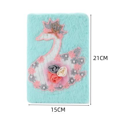 China Eco-Friend Plush Swan Hardcover Notebook Spiral Faux Fur Diary Journal For Girls Children for sale