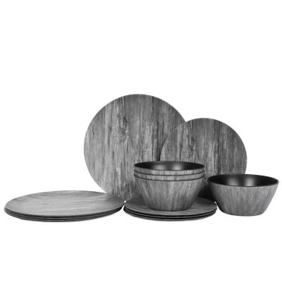 China Sustainable Luxury Black Woodgrain Melamine Dinnerware Set, Best Price Home Kitchen Dinner Plate Sets With Bowl for sale