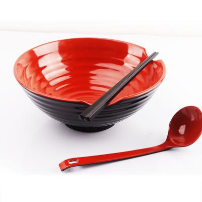 China Sustainable top grade matte and shinny noodle bowl red with notch, Japanese bowl set of 3 large ramen with chopstick for sale