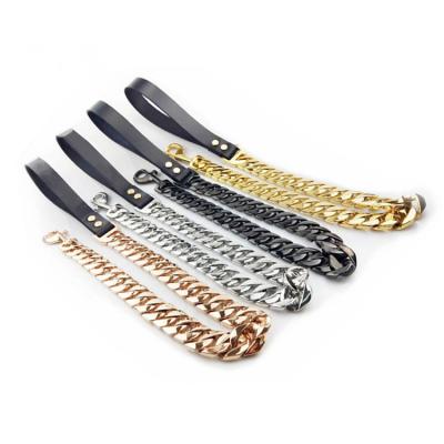 China Hiphop 32mm Wide Dog Leashes Polished Stainless Steel Dog Cuban Chain With Leather Chunky Collar And Leash Pet Accessory for sale