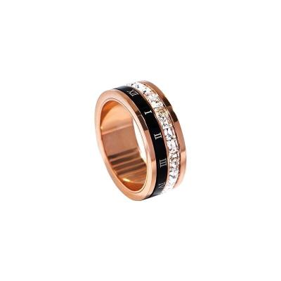 China Stainless Steel Rotating Time Romantic Rotating Rings With Black Zircon Rose Gold Color Ceramic Clear Band Ring For Lady for sale