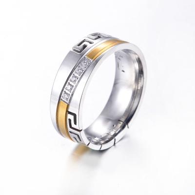 China Cavity Ring Stainless Steel Two Tone Romantic Antique Band Zircon Ring for sale