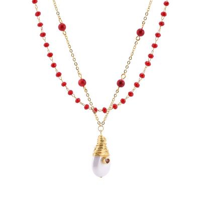 China CLASSIC Gold Wire Shell Pendant With Multi Crystal Bead Chain Stainless Steel Gold Red Chain For Lady for sale