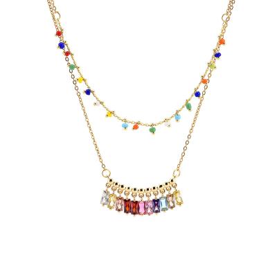 China CLASSIC Zircon Rectangle Chain Fashion Charm Tribal Colorful Double Necklace Trendy Gold Bead Scarf for sale