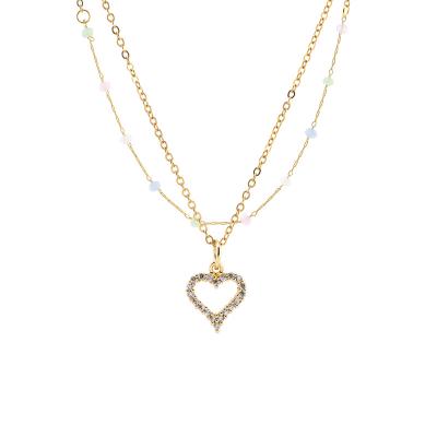 China CLASSIC Heart Pendants With Setting Stainless Steel CZ Stone Chain Double Colored Crystals Fashion Choker Bead Necklace Jewelry for sale