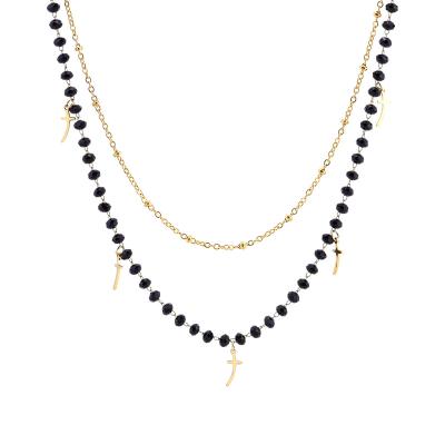 China CLASSIC 18K Gold Plated Stainless Steel Bead Chain With Cross Charm And Black Crystal Beads Trend Chain Necklace for sale