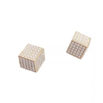 China New Personality Creative Three D Diamond Cube Small Pearl Earrings of Simplicity 2021 for sale