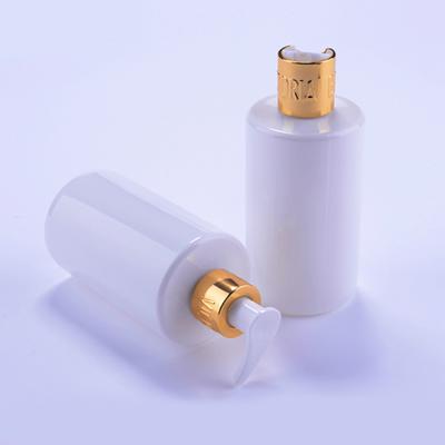 China OEM Style Skin Pump Custom Rejuvenation Milk Packaging Plastic White PET Bottles With Gold Collar For Skin Care for sale