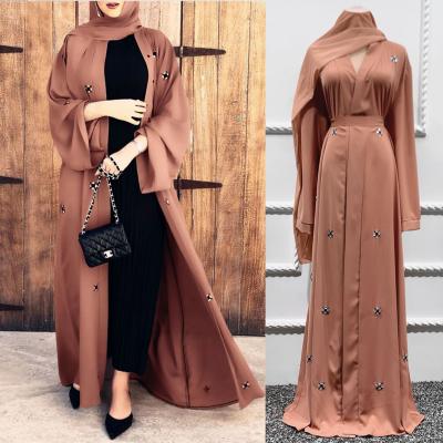 China POLYESTER 2021 spring and summer Europe and the United States Dubai fashion beaded Islamic dress Ramadan Abaya long cardigan dress for sale