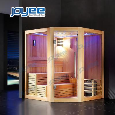 China Dry Polish Hemlock Pine Wood Finnish Home Sauna Corner Traditional Computer Control Panel JOYEE Steam With Sauna Stove Steam Room for sale