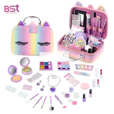 China Newest Eco-Friendly Non-Toxic Makeup Kit Toy For Girls Pretend Cosmetic Gift Toys Real Kid Makeup Set With Lovely Pink Bag for sale