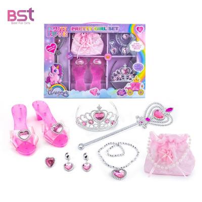 China New Arrival Non-Toxic Eco-Friendly Girls Beauty Toy Magic Crown Wand Set Diy Pretend Dress Up Pink High Heel Shoe Kids Fashion Toys With Handbag for sale