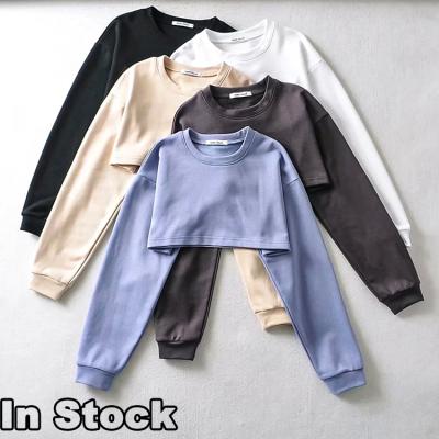 China Free Sample Logo Custom Quality Causal Fashion Crewneck Anti-Wrinkle Top Crop Top Long Sleeve Women's Solid Color Hoodies and Sweatshirts for sale