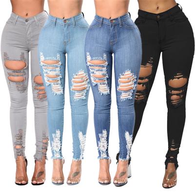 China Jeans Women Stretch Hole Denim Skinny Ripped Skinny Breathable Pants Solid Color High Waisted Breathable High Quality Jeans Fashion Design for sale